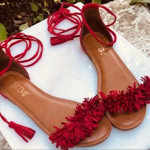 Red, tassel, wrap sandals